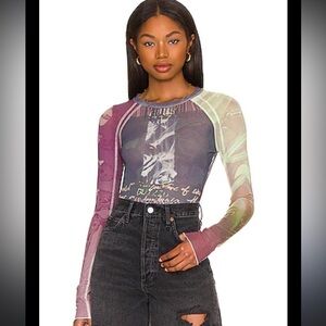 GUIZIO Raglan Long Sleeve Mesh Top in Plum & Lime Linear